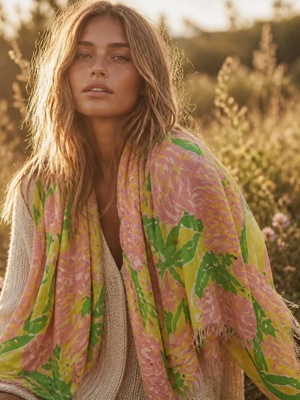 Lilly Pulitzer Pink, Green & Yellow Floral Wrap Scarf